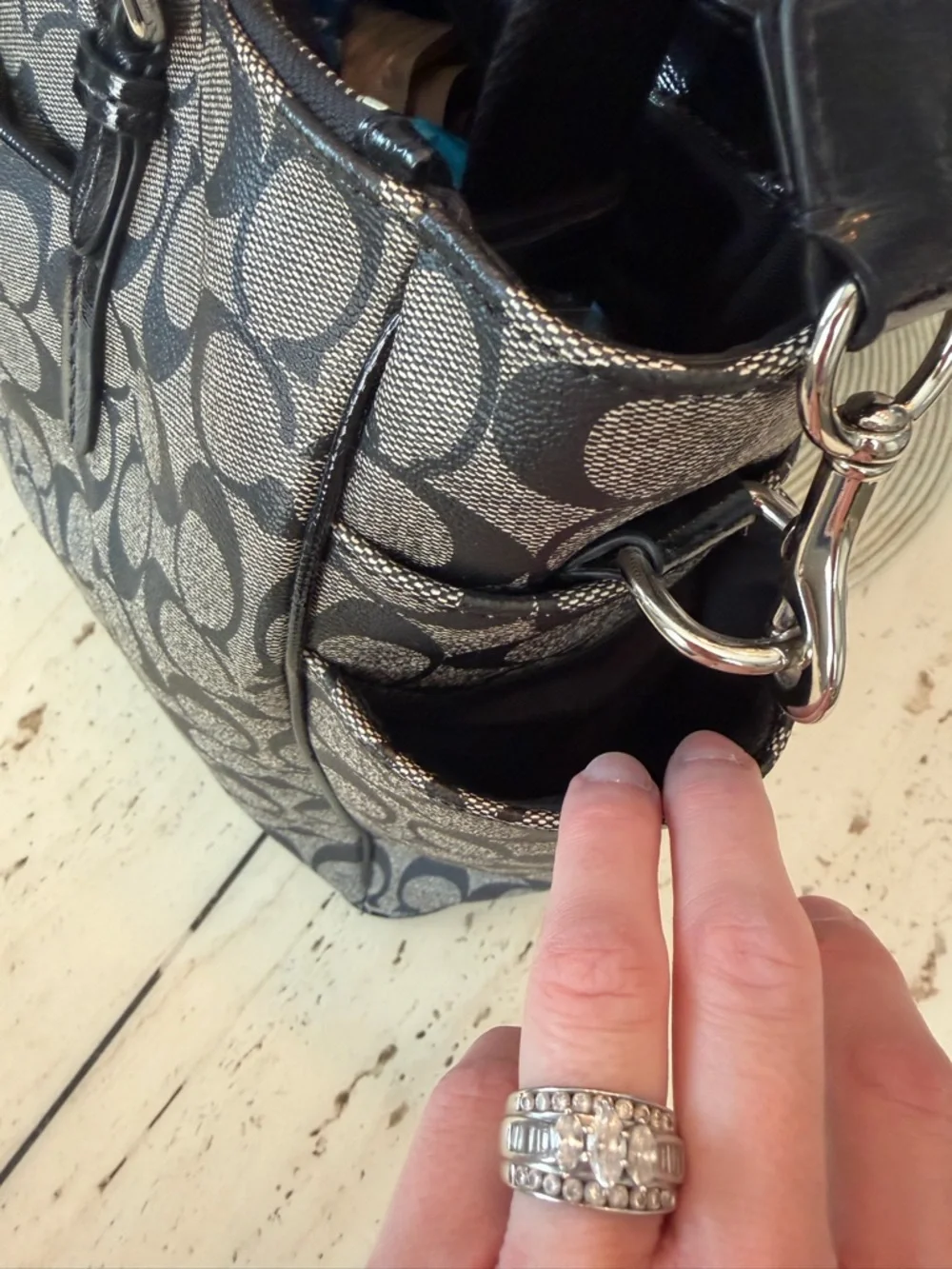 2013 Coach Gray Signature Monogram in Coated Leather 2 Way Diaper Bag